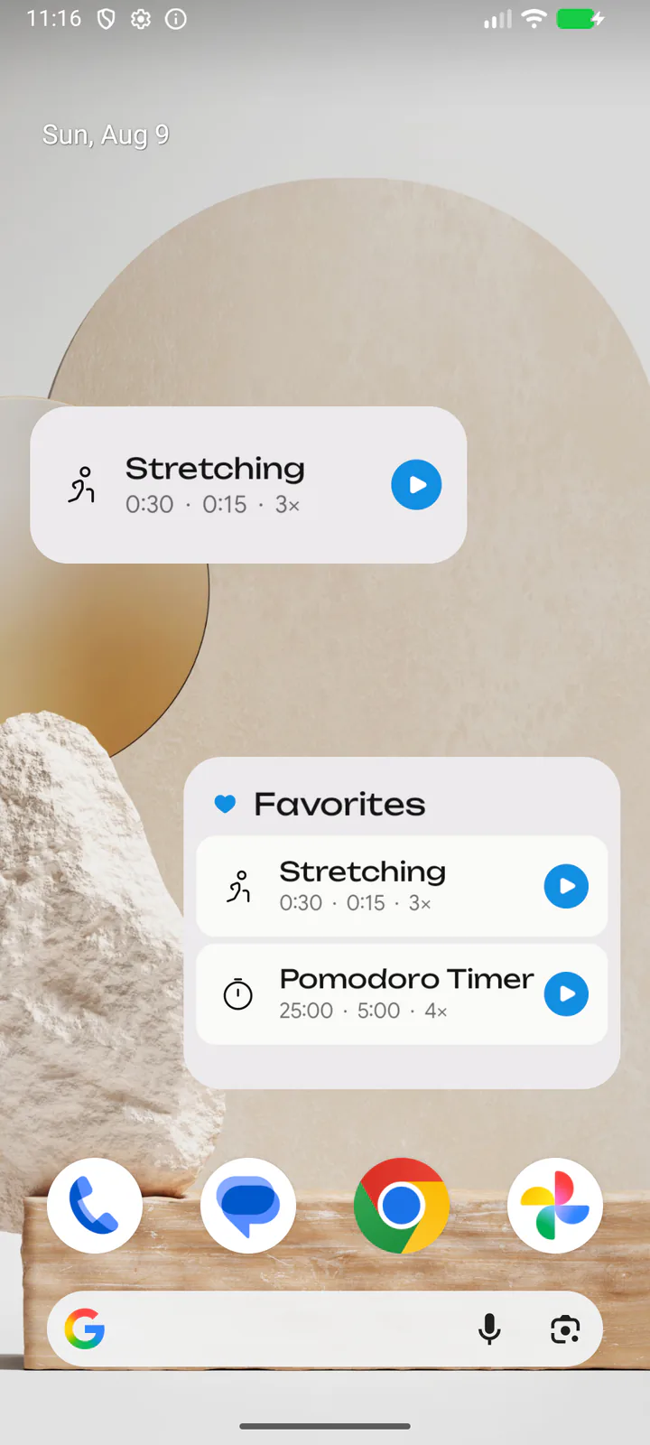 Start from your home screen. Android widgets for a preset, favorites, or category