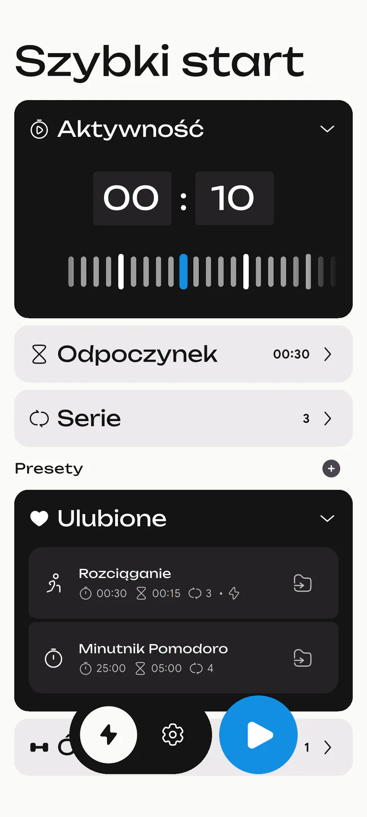 Szybki start Loop z ustawieniami interwałów i presetami